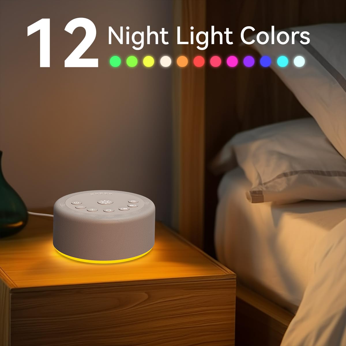 Hushing Sound Machine Night Light — 30 Non-Looping Sounds, 12 Lights, 5 Timers, 36 Volume Levels