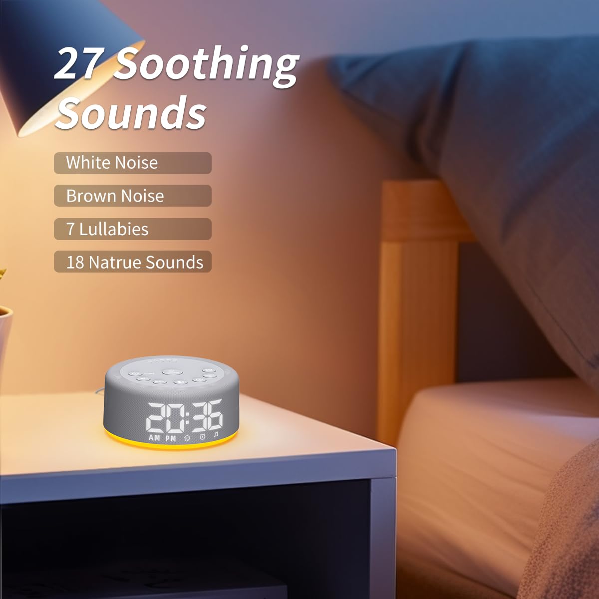 Hushing 3-in-1 Sound Machine Alarm Clock Night Light — 32-Level Volume, 30 Sleeping Sounds, 30 Wake-Up Sounds
