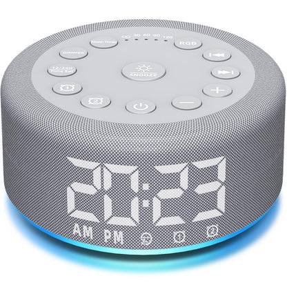 Hushing Sound Machine Alarm Clock with Night Light – Dual Alarms, 30 Sounds, Battery Backup