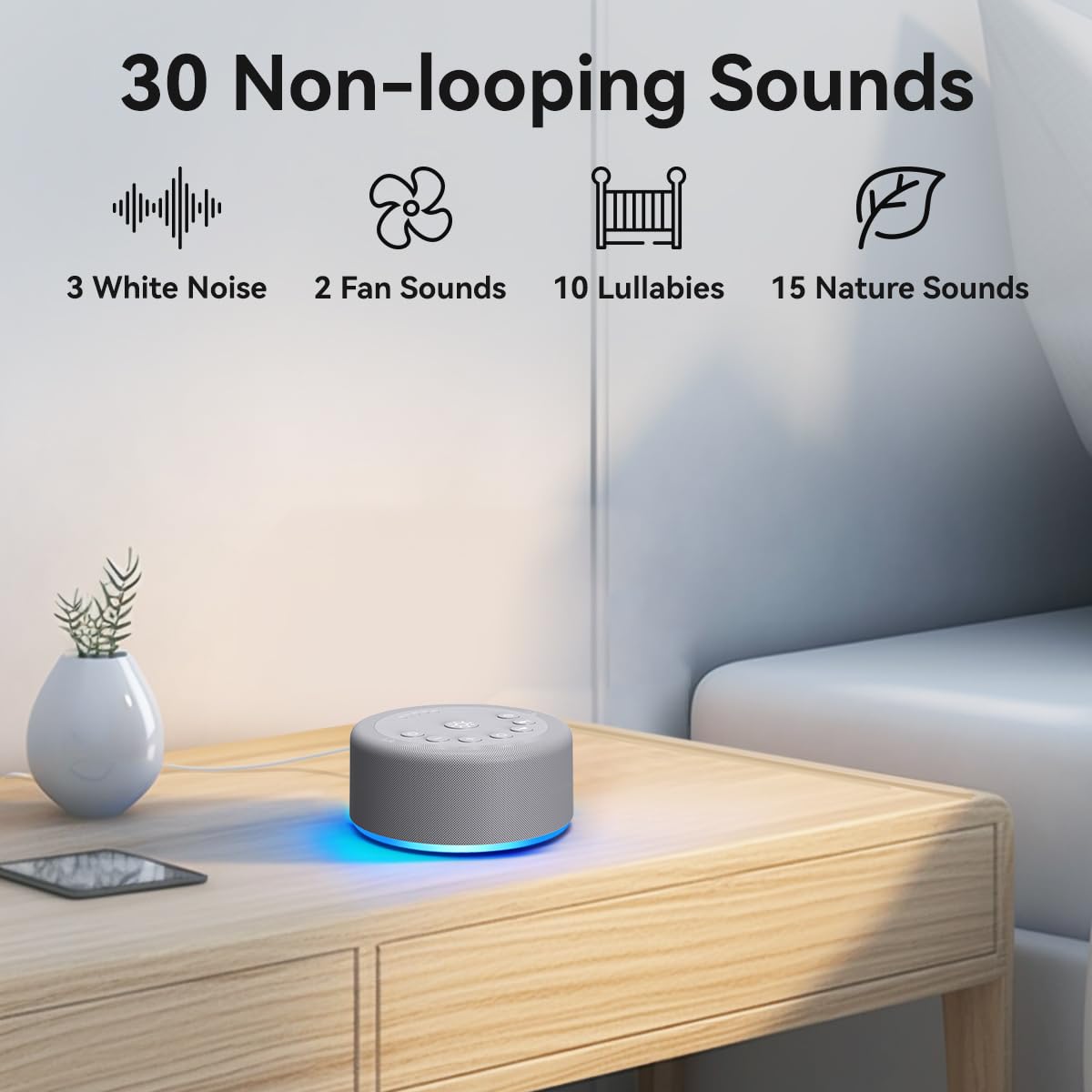 Hushing Sound Machine Night Light — 30 Non-Looping Sounds, 12 Lights, 5 Timers, 36 Volume Levels