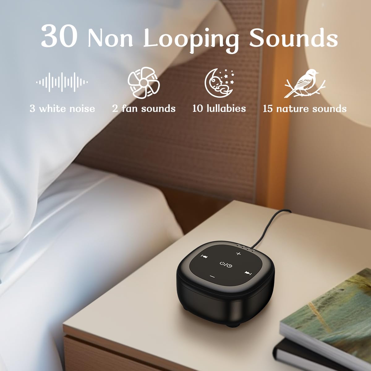 Hushing White Noise Sound Machine – 30 Sounds, 36 Volume Levels, 4 Timers, Memory