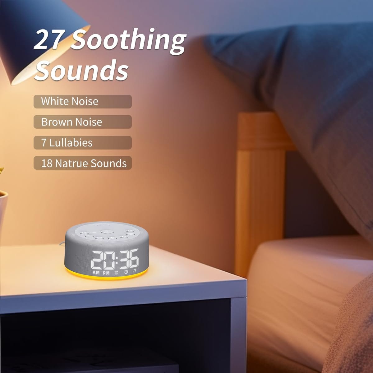 Hushing 3-in-1 White Noise Machine — 27 Sleep Sounds, 30 Wake-Up Sounds, 12-Color Night Light, Digital Clock