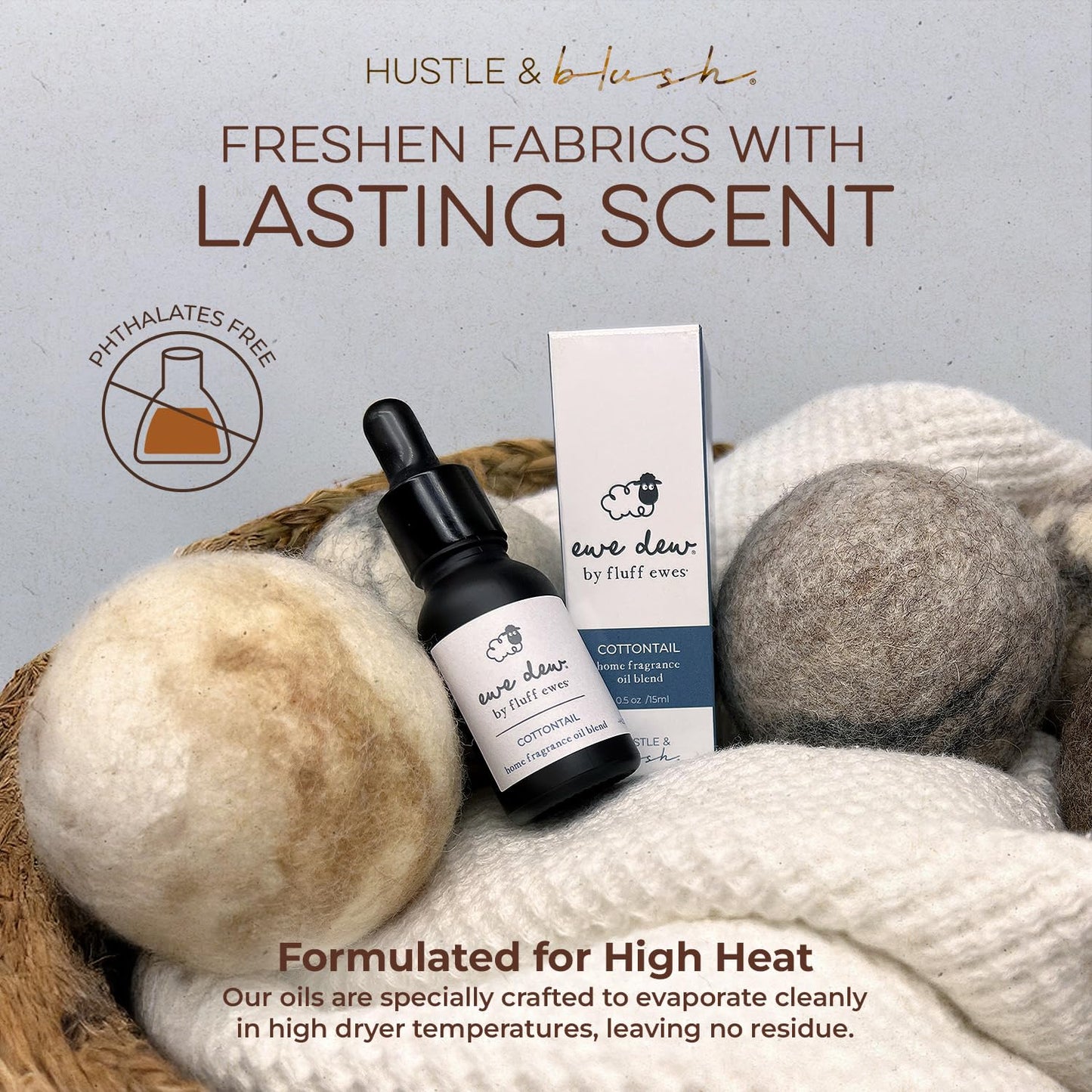 Hustle & Blush Ewe Dew Essential Oil Blend – 15ml Dryer Balls, Cottontail Fragrance