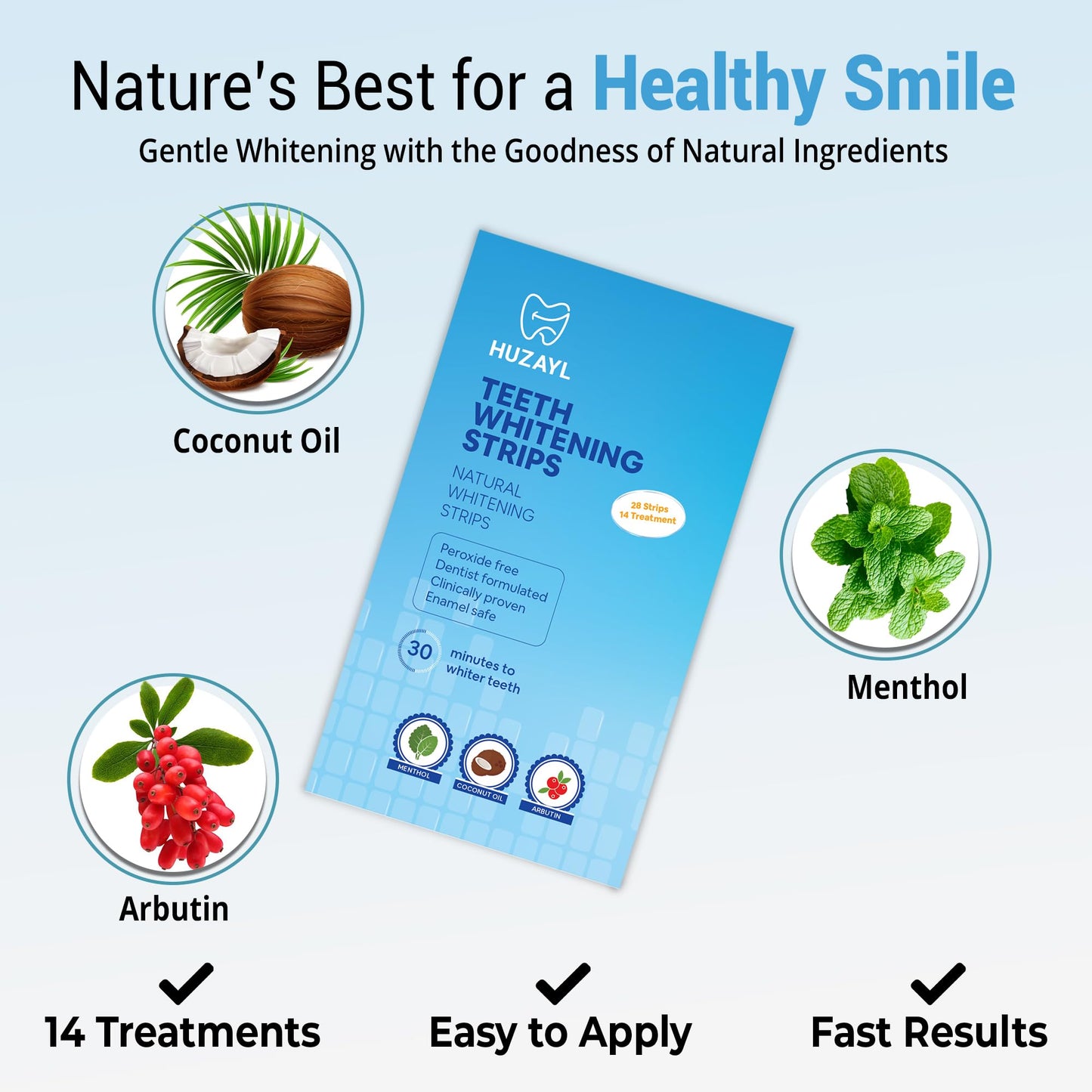 Huzayl Teeth Whitening Strips – 28 Strips, 14 Treatments, Peroxide-Free, Enamel Safe