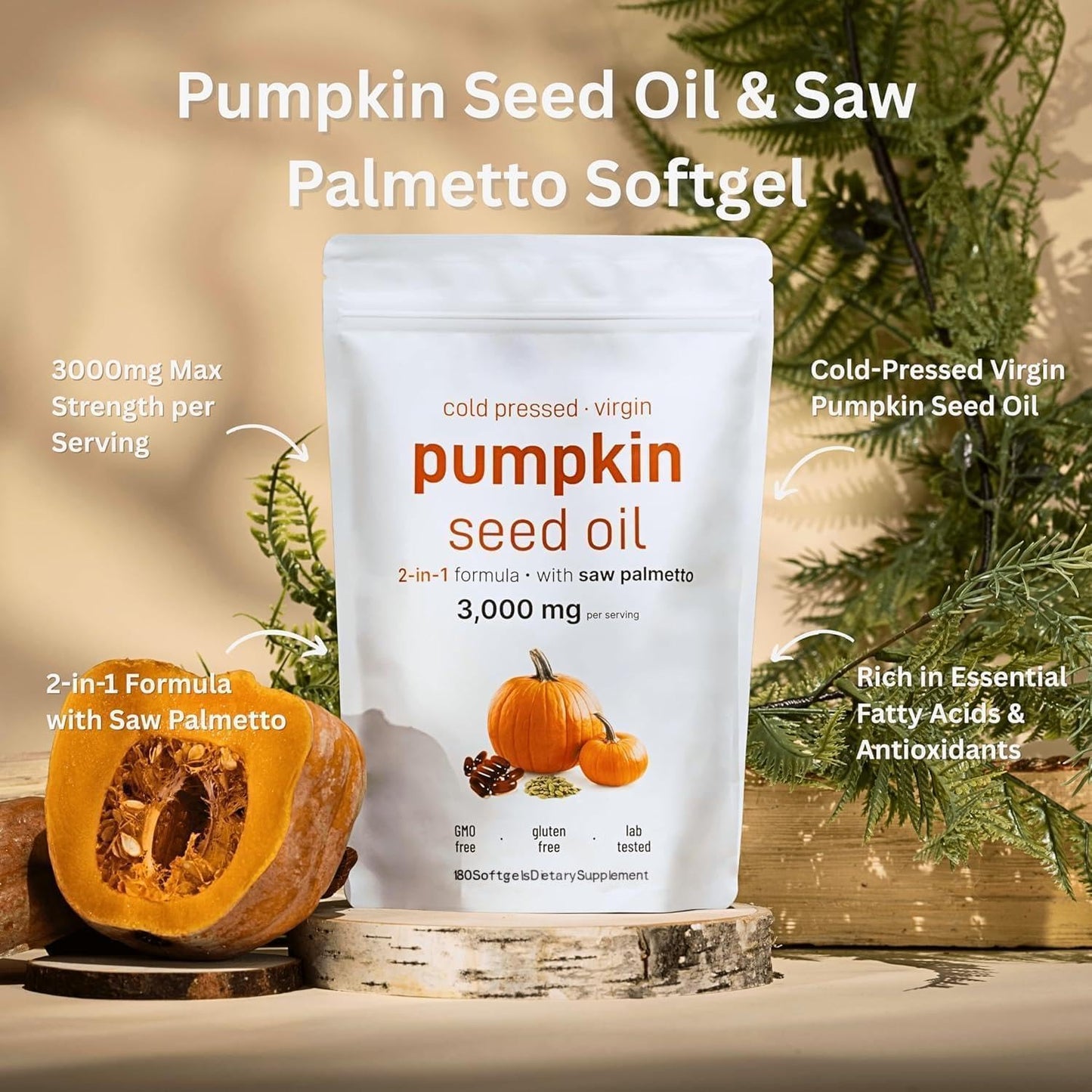 HWAXIGO Pumpkin Seed Oil Capsules with Saw Palmetto – 3000mg Cold-Pressed (180 Softgels) for Hair Growth & Prostate Support
