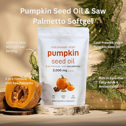 HWAXIGO Pumpkin Seed Oil Capsules with Saw Palmetto – 3000mg Cold-Pressed (180 Softgels) for Hair Growth & Prostate Support