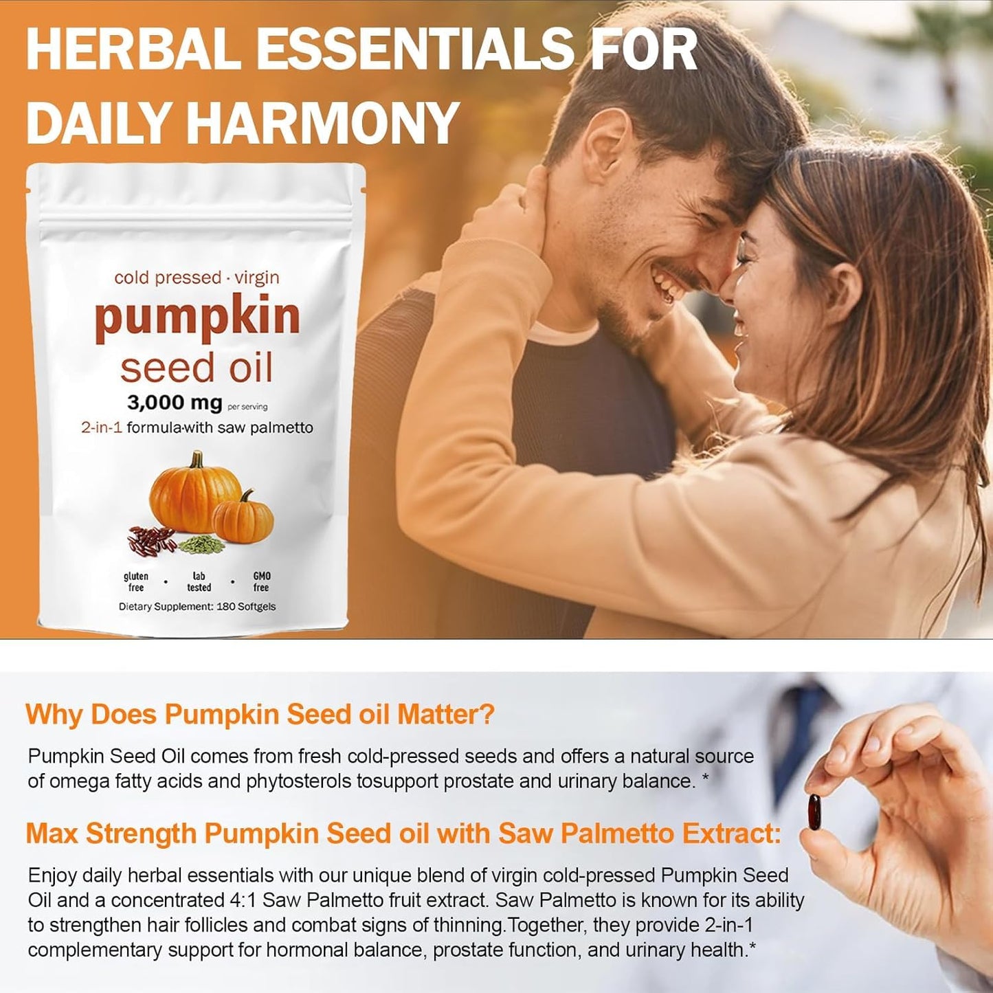 HWAXIGO Pumpkin Seed Oil Capsules with Saw Palmetto – 3000mg Cold-Pressed (180 Softgels) for Hair Growth & Prostate Support