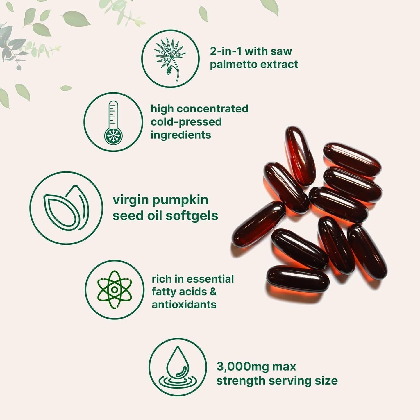 HWAXIGO Pumpkin Seed Oil Capsules with Saw Palmetto – 3000mg Cold-Pressed (180 Softgels) for Hair Growth & Prostate Support