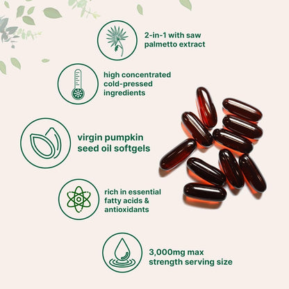 HWAXIGO Pumpkin Seed Oil Capsules with Saw Palmetto – 3000mg Cold-Pressed (180 Softgels) for Hair Growth & Prostate Support