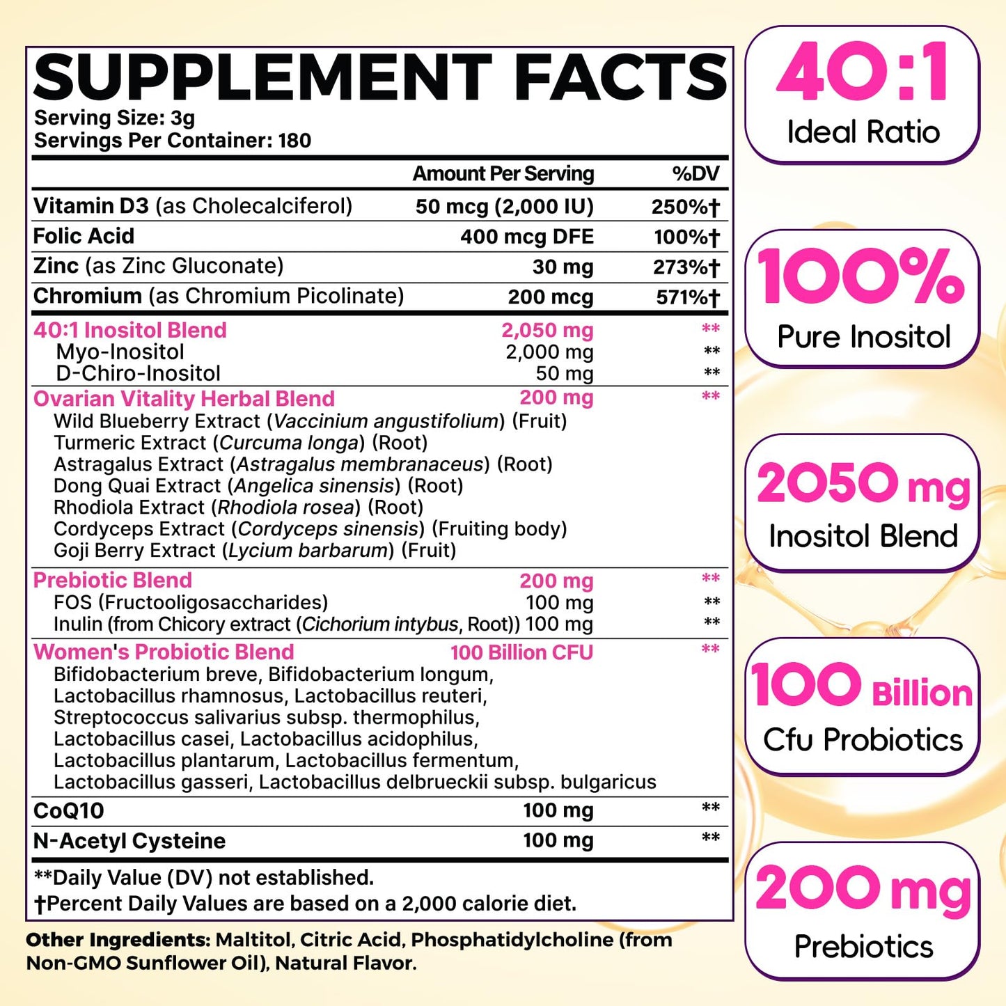 Hwuspmr Ovarian Support | Liposomal 40:1 Myo-Inositol & D-Chiro Inositol | Probiotics, CoQ10 & Herbs