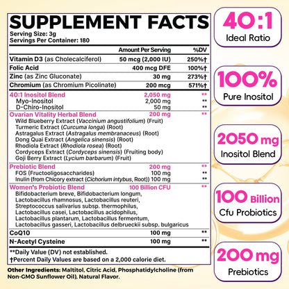 Hwuspmr Ovarian Support | Liposomal 40:1 Myo-Inositol & D-Chiro Inositol | Probiotics, CoQ10 & Herbs