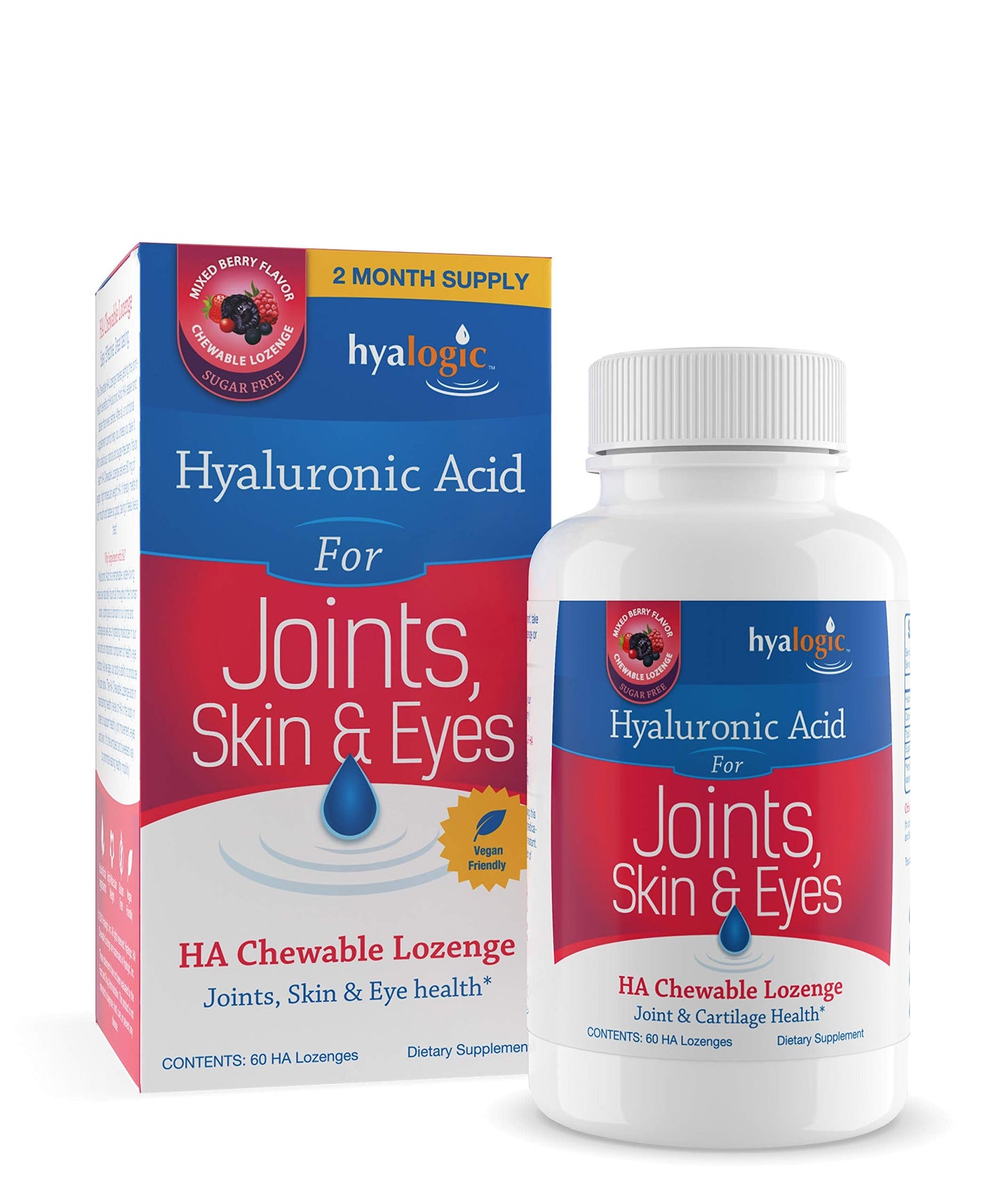 Hyalogic Hyaluronic Acid Chewables 60 Count - Berry Flavor (120mg per 2 Tablets) - Sugar Free HA for Skincare & Eye Health
