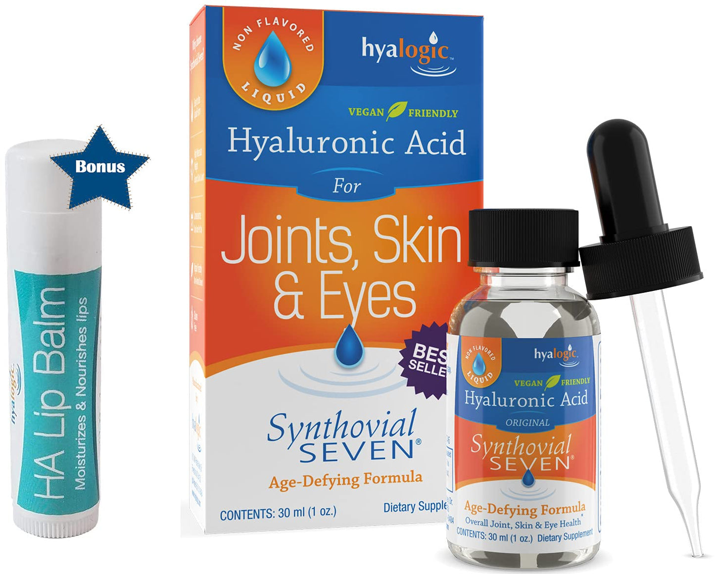 Hyalogic Liquid Synthovial Seven - 1oz Oral Hyaluronic Acid + Bonus Lip Balm HA Stick