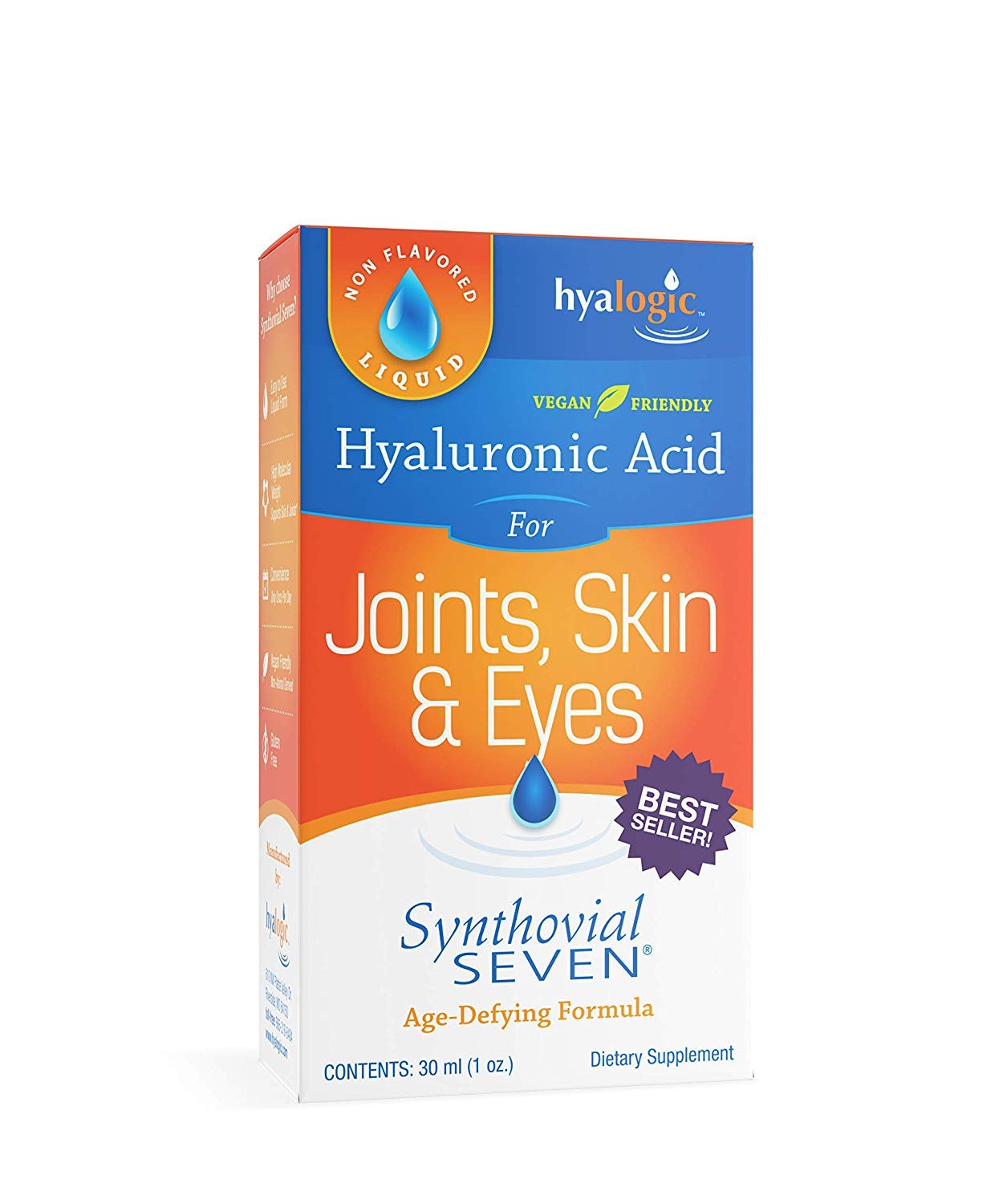 Hyalogic Synthovial Seven Liquid Hyaluronic Acid – Vegan Oral Joint & Skin Support, High Molecular Weight, 1 oz (2 Pack)