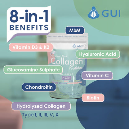 8in1 Advanced Multi Collagen Peptides 16oz – Hydrolyzed Type I/II/III/V/X Collagen + Vitamin D3 & K2
