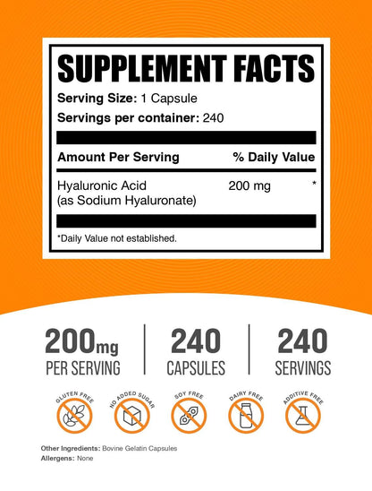 BulkSupplements Hyaluronic Acid Capsules 200mg – 240 Count, Gluten Free