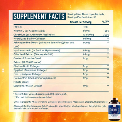 Thermogenic Multi Collagen Burn Capsules – Hydrolyzed Collagen Types I–X, Hyaluronic Acid | 90 Pills