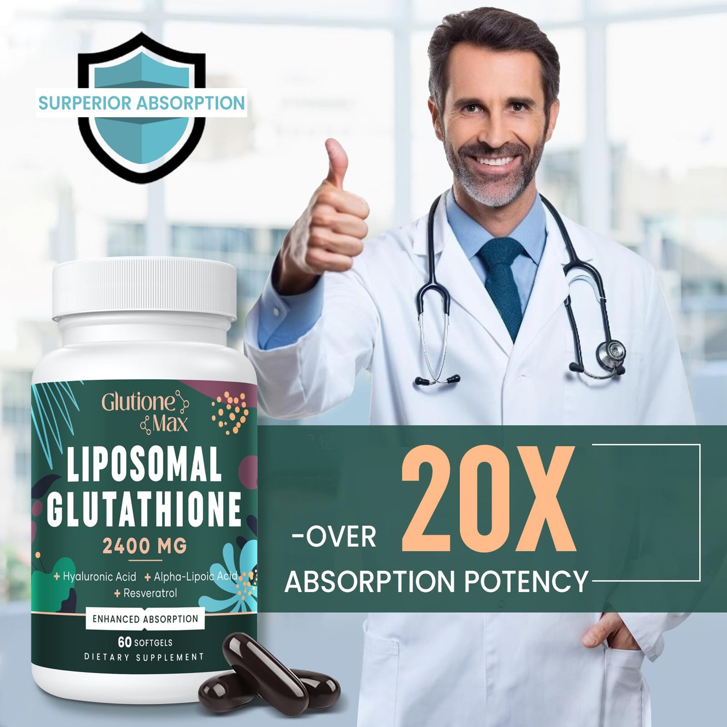 8-in-1 Liposomal Glutathione 2400 mg – High Absorption Antioxidant Formula (Skin, Liver Detox & Immune Support) | 60 Softgels