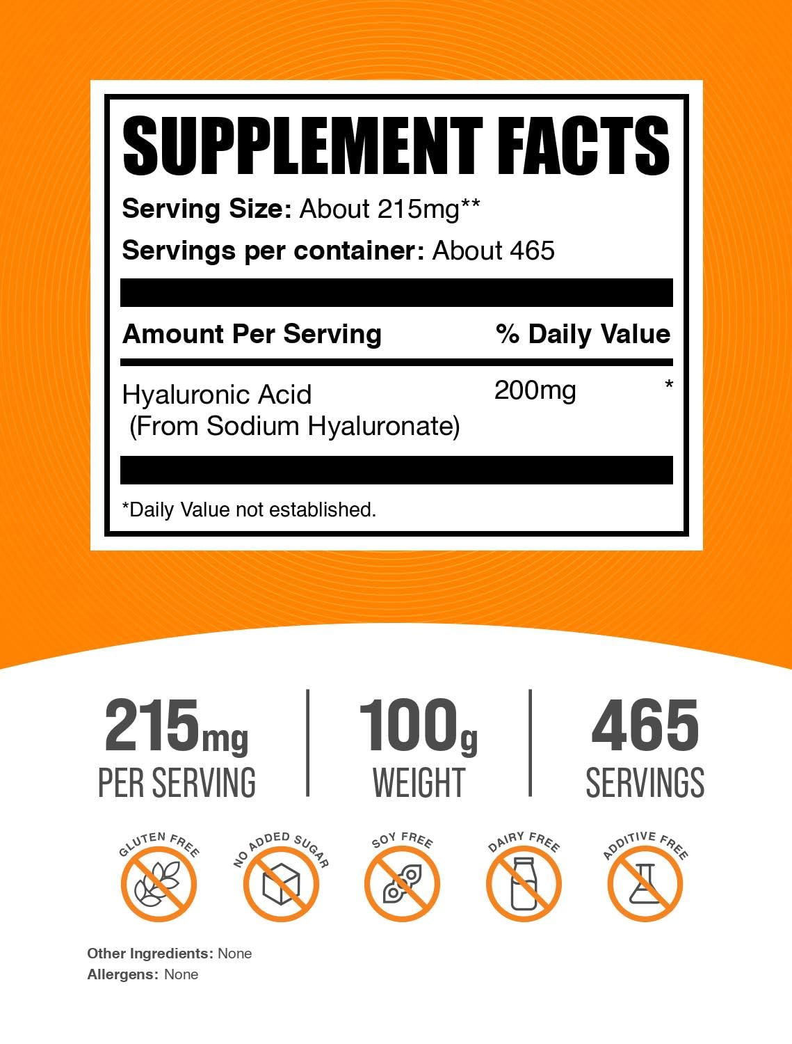 Hyaluronic Acid Powder (Sodium Hyaluronate) - 215mg/serving, 100g | Food Grade, Gluten Free | BulkSupplements