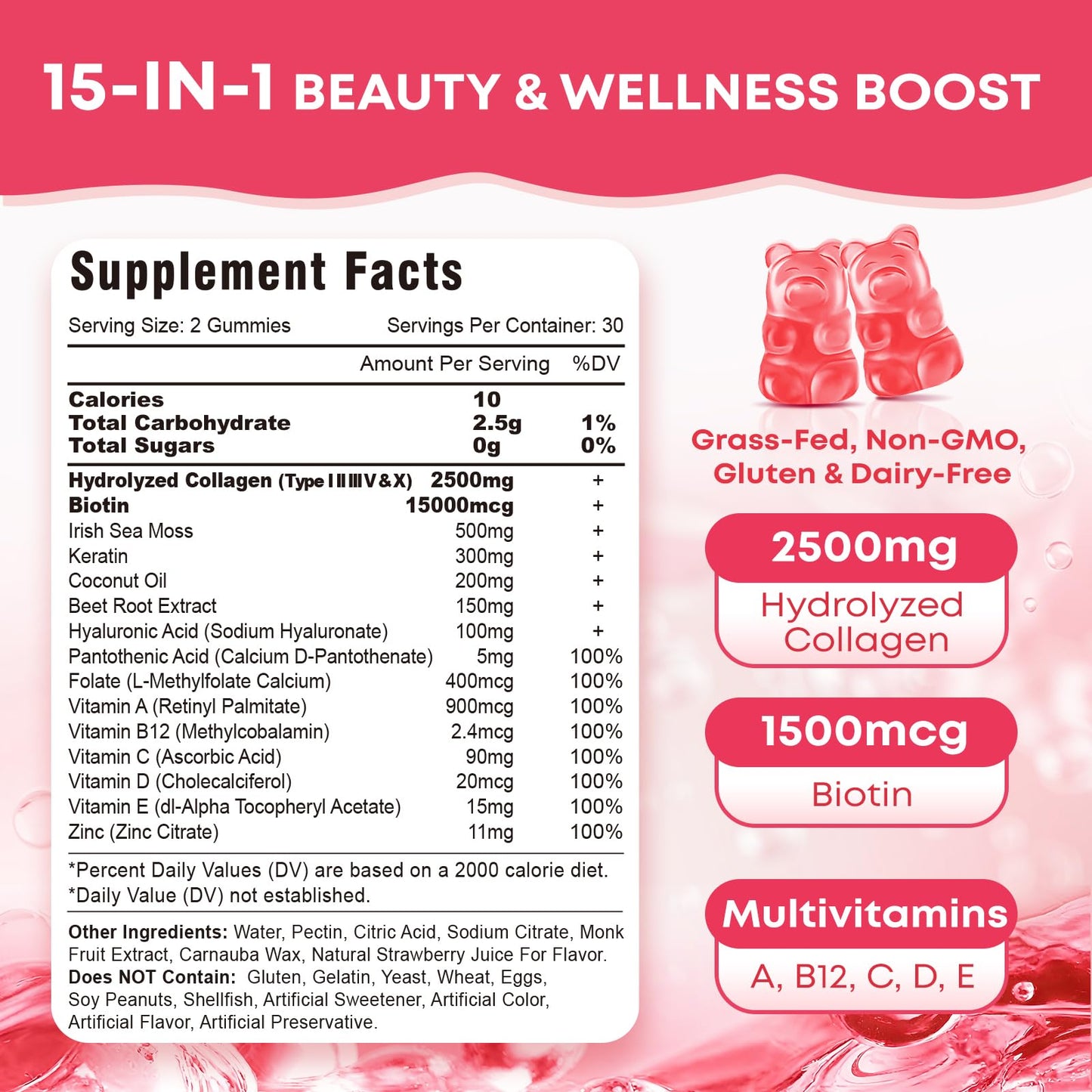 2 Pack Sugar Free Collagen Gummies – Multi-Type Collagen I-V, Biotin & Vitamin C | Strawberry 120 Count