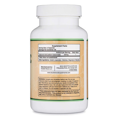 Hyaluronic Acid Supplements - 180 Capsules (200mg/Serving) | Gluten Free | Double Wood