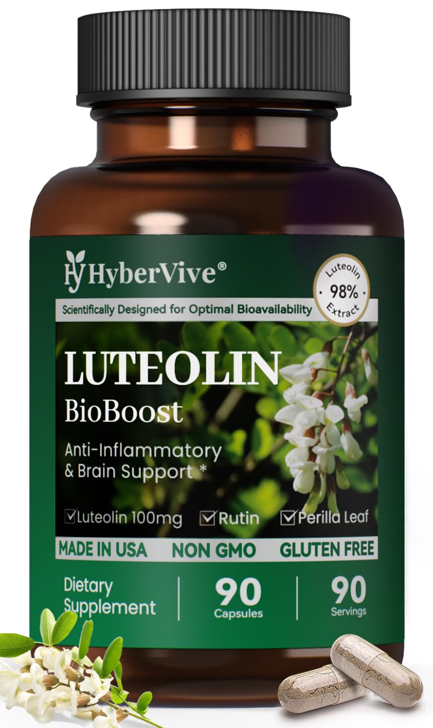 HyberVive Luteolin 200mg with Rutin & Perilla – Brain Health & Immunity – Made in USA