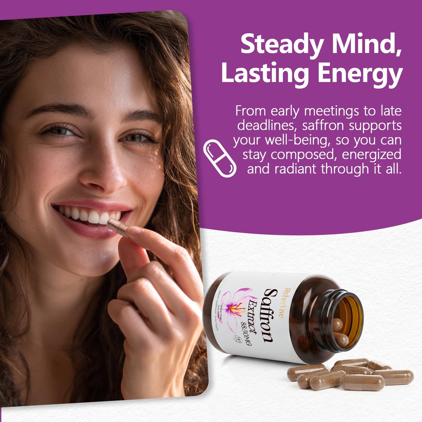 HyberVive Saffron Supplements 88.5MG | 90 Vegan Capsules | Mood Energy Focus Support | Made in USA