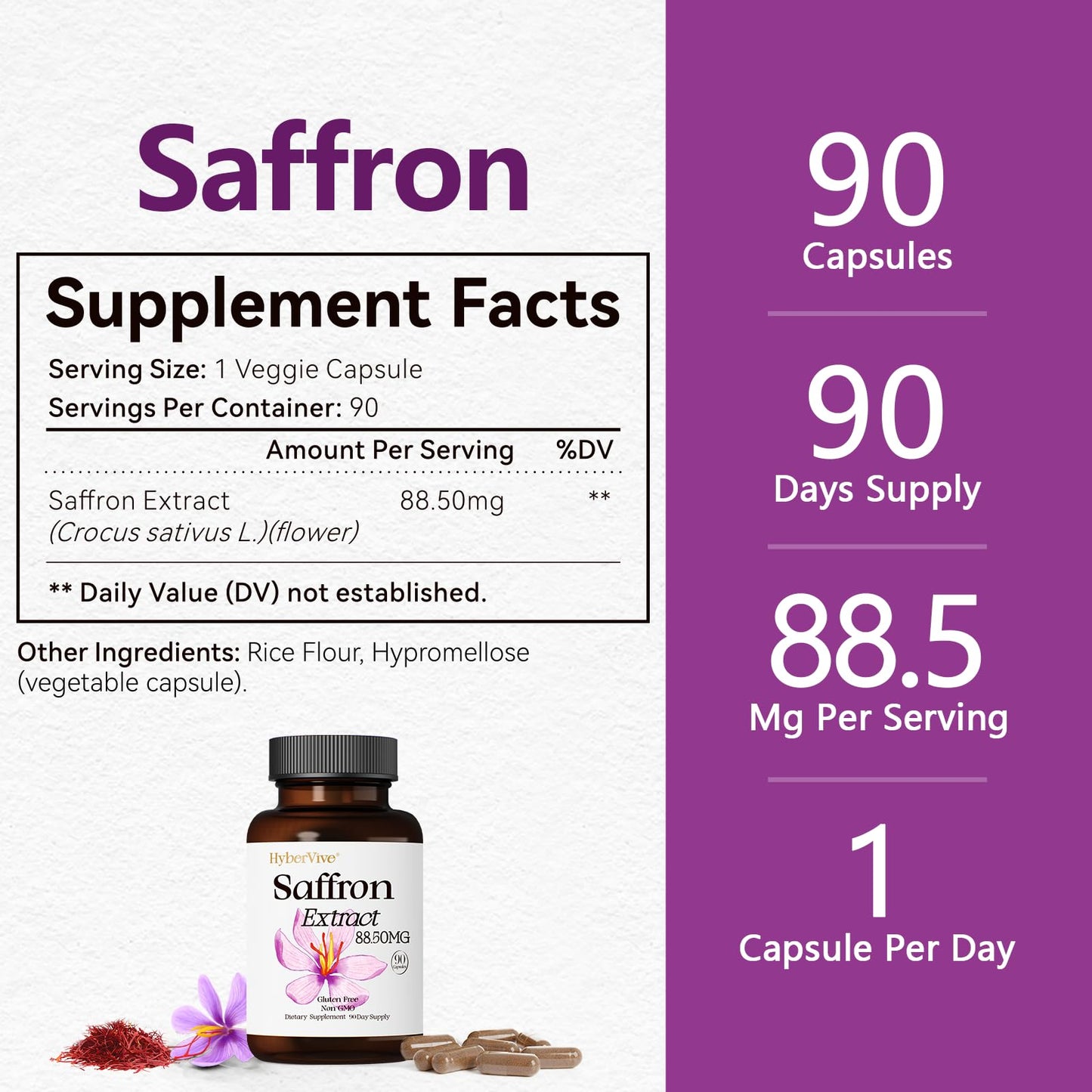 HyberVive Saffron Supplements 88.5MG | 90 Vegan Capsules | Mood Energy Focus Support | Made in USA