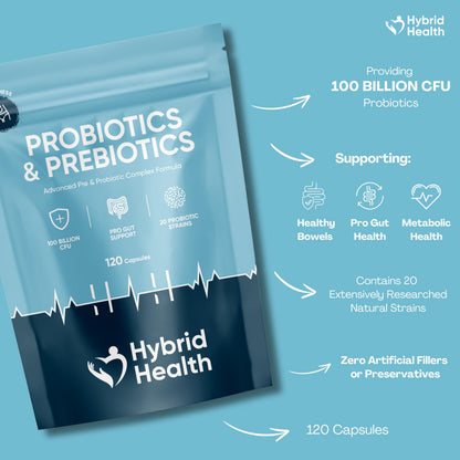 Hybrid Health Probiotics & Prebiotics Complex – 100 Billion CFU, 20 Strains, 120 Vegan Capsules