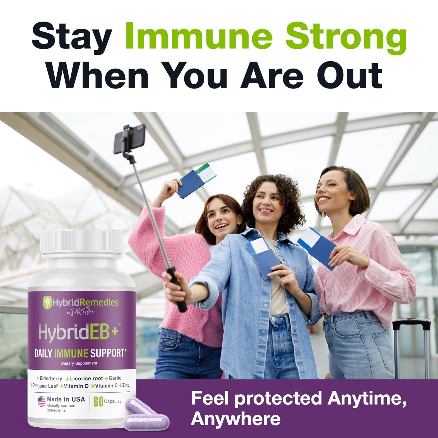 HybridEB Sambucus Elderberry Immune Support with Vitamin C, Zinc, D3 – 60 Capsules