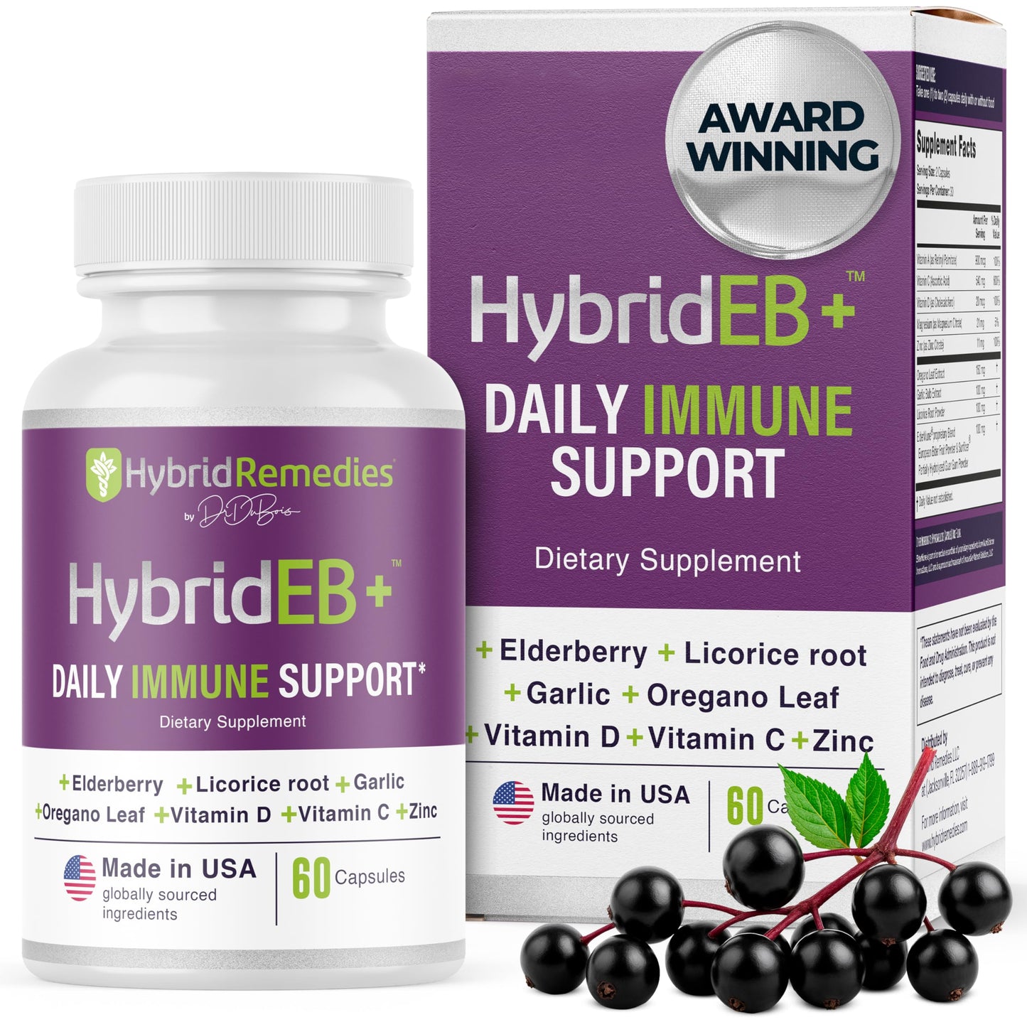 HybridEB Sambucus Elderberry Immune Support with Vitamin C, Zinc, D3 – 60 Capsules
