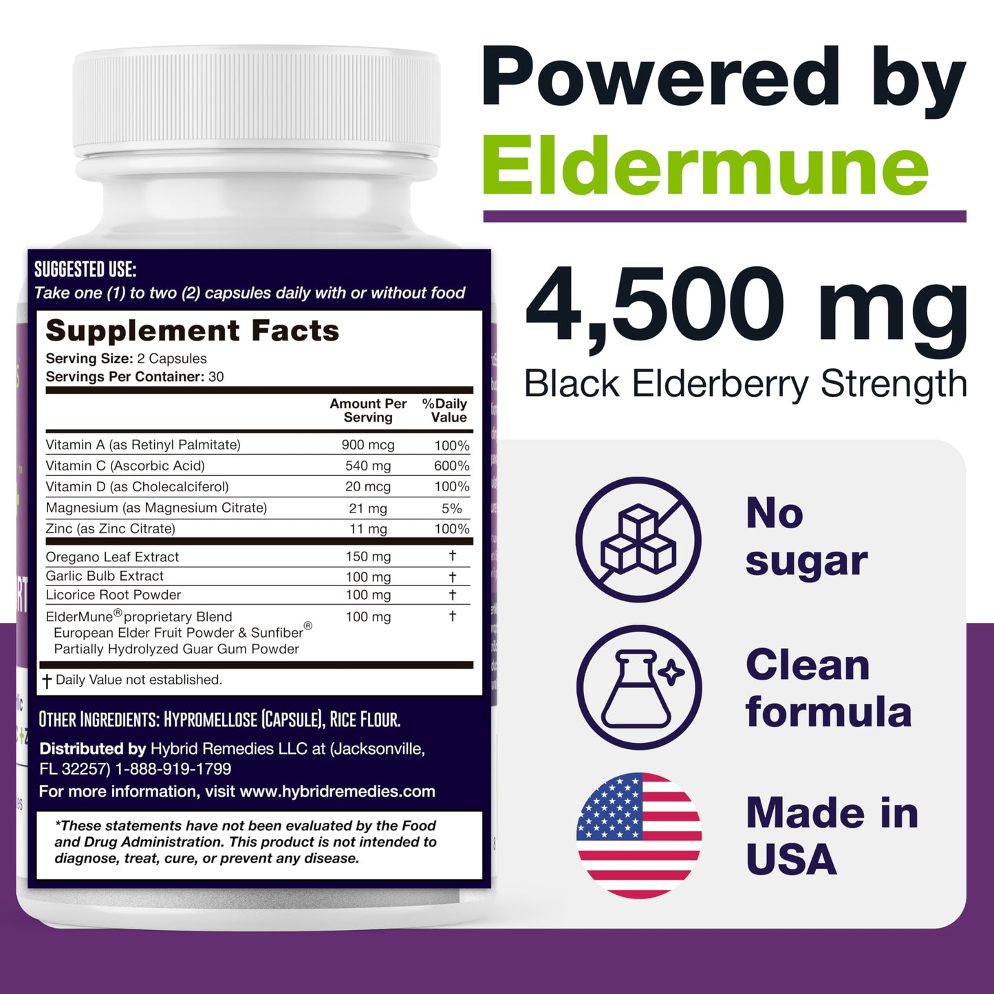 HybridEB Sambucus Elderberry Immune Support with Vitamin C, Zinc, D3 – 60 Capsules