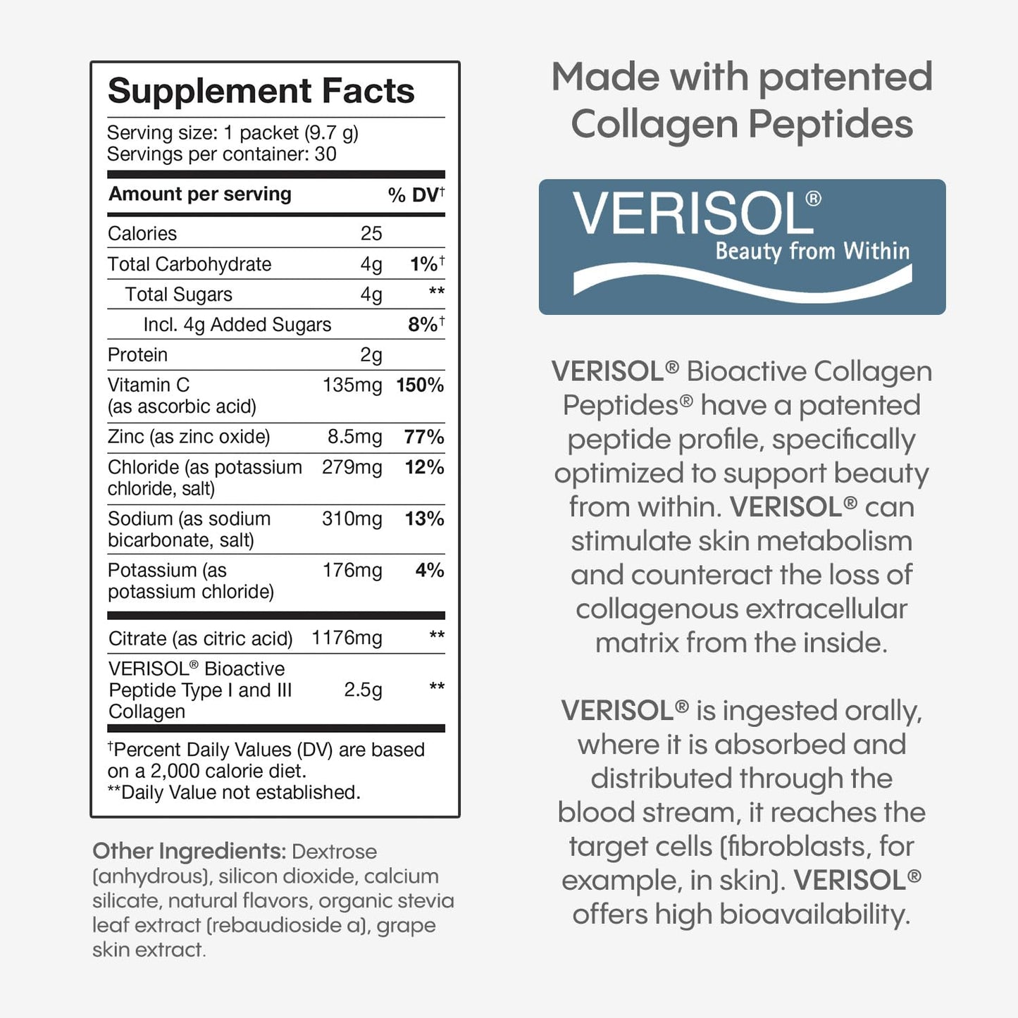 Hydralyte Verisol Collagen Packets with Electrolytes – Hydration with Vitamin C (30 Count)