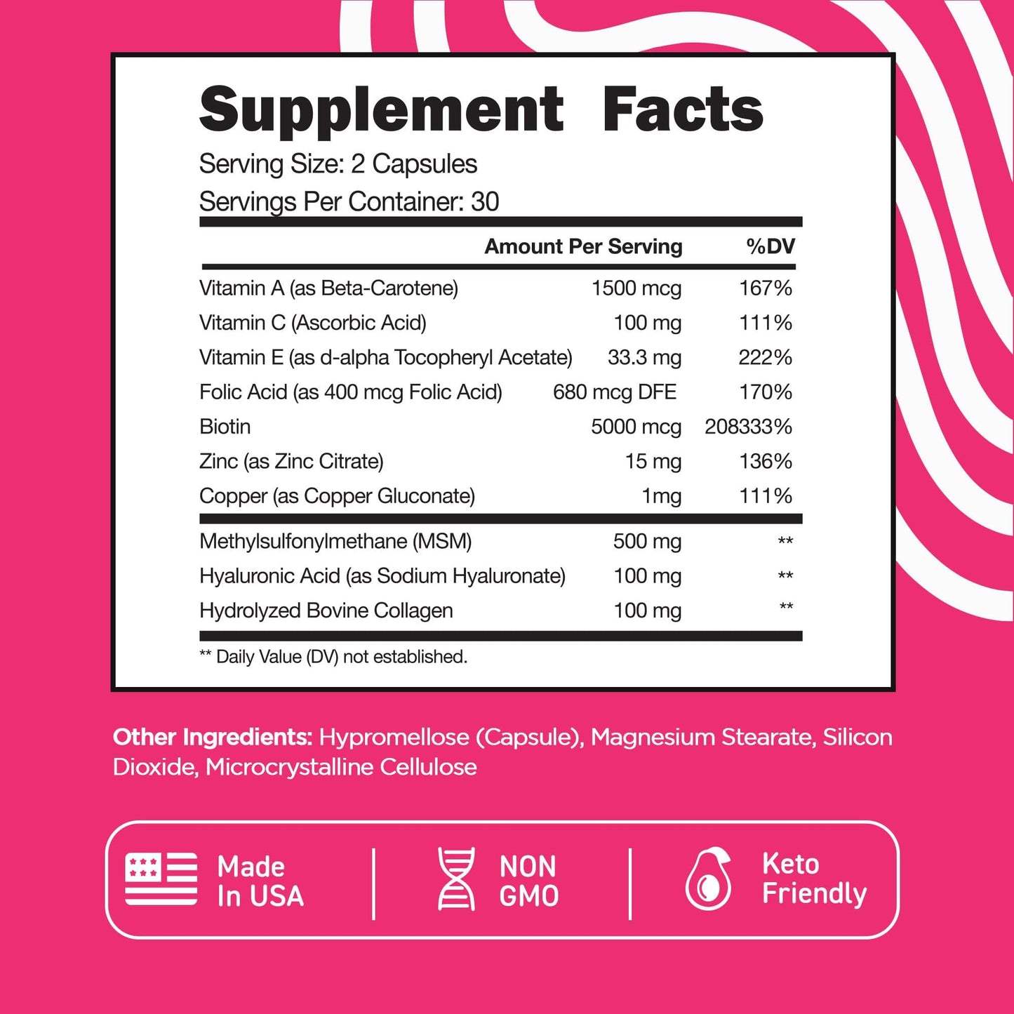 Vital Vitamins Biotin Complex Pills – Hyaluronic Acid, MSM, Collagen & Vitamin C | Hair, Skin & Nails Supplement (60 Capsules)