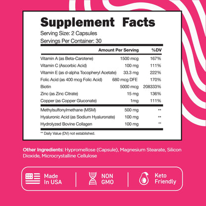 Vital Vitamins Biotin Complex Pills – Hyaluronic Acid, MSM, Collagen & Vitamin C | Hair, Skin & Nails Supplement (60 Capsules)