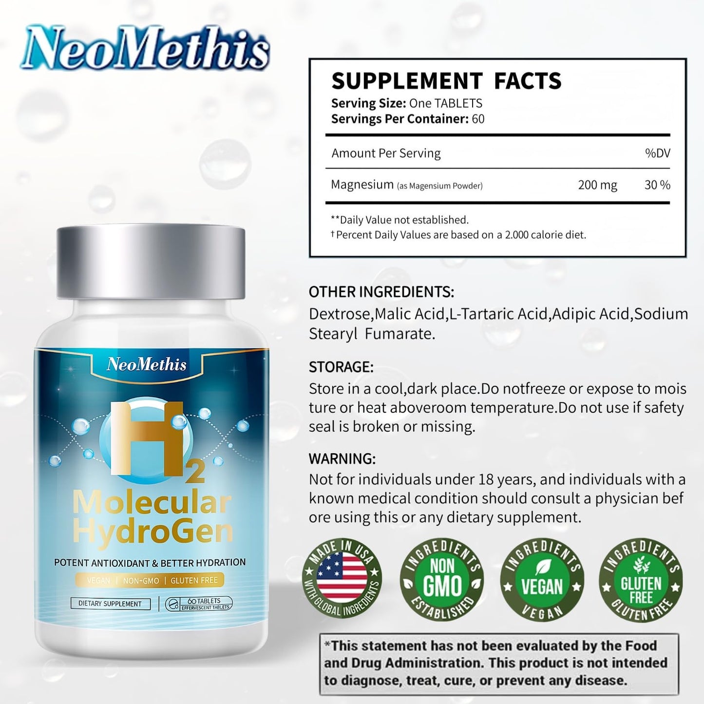 Hydrogen Water Tablets – H2 + Magnesium | 60 Tablets | Fast-Dissolving