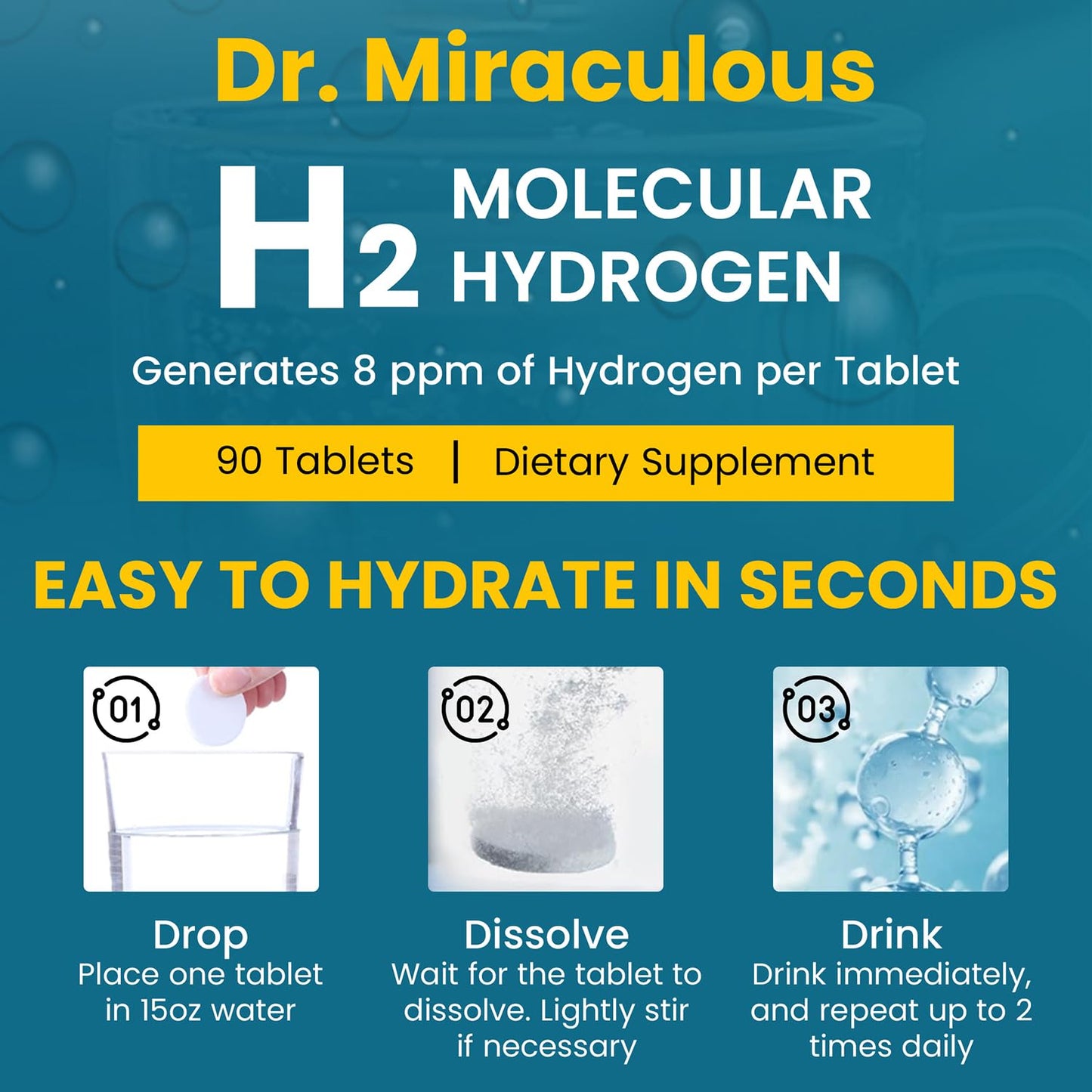 Hydrogen Water Tablets | 90CT Molecular Hydrogen Tablets for Drinking Water | H2 Molecular Magnesium Supplement for Athletic & Cognitive Performance | Non-GMO & Gluten Free 45 Serving