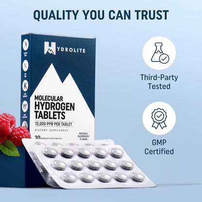 HydroLite Molecular Hydrogen Tablets with Magnesium | 12,000 PPB H2 – Raspberry | Made in USA, 30 Tablets
