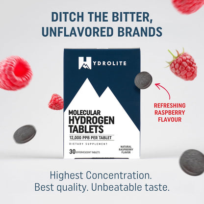 HydroLite Molecular Hydrogen Tablets with Magnesium | 12,000 PPB H2 – Raspberry | Made in USA, 30 Tablets
