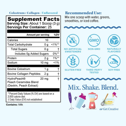 Colostrum Collagen Peptide Powder with HydroPeach – Gut Health, Skin & Immune Support | 25 Servings | Unflavored