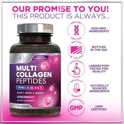 Multi Collagen 2400 mg - Types I, II, III, V & X | Hydrolyzed Collagen Capsules for Hair, Skin, Nails & Joints - 120 Capsules