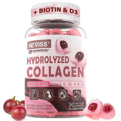 Hydrolyzed Collagen Gummies with Vitamin D3 & Biotin – Multi-Type I II III V X, Sugar Free, 60ct
