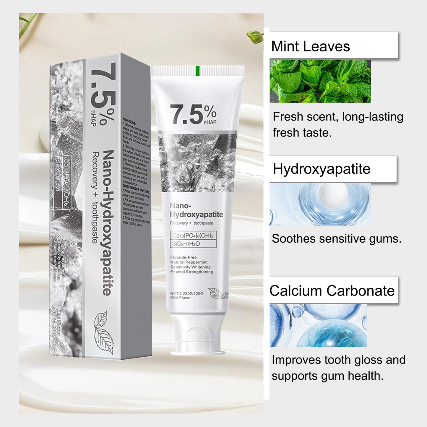 Hydroxyapatite Toothpaste - Deep Cleaning & Advanced Enamel Protection (120g) - Fluoride-Free, Gentle Mint