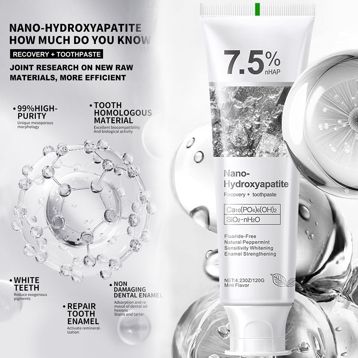 7.5% Hydroxyapatite Toothpaste - Sensitive Teeth, Fluoride-Free 120g