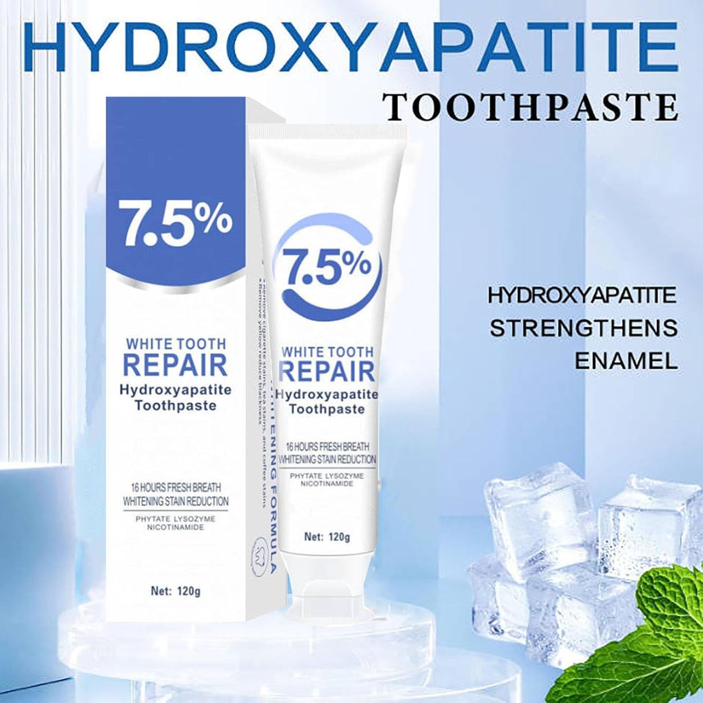 7.5% Hydroxyapatite Toothpaste - Fluoride-Free Whitening, Gentle Mint (2pcs)