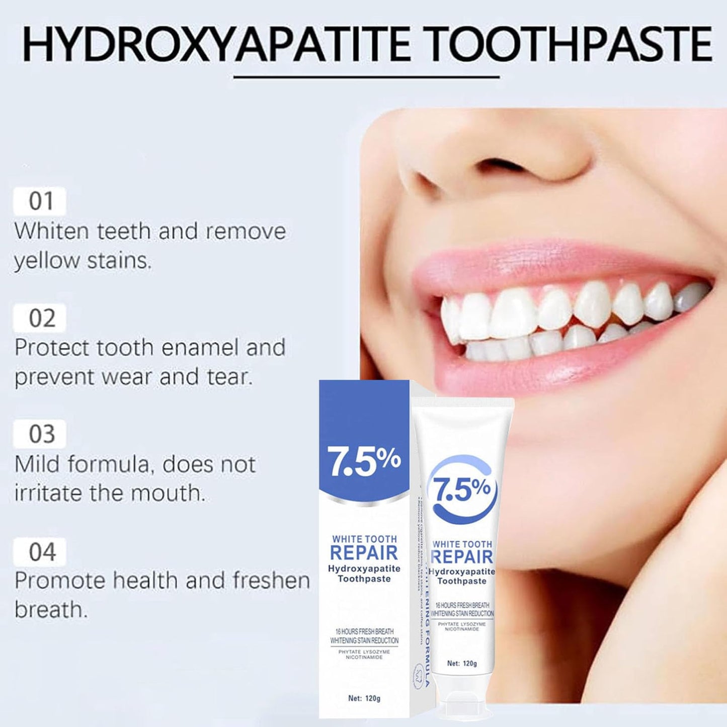 7.5% Hydroxyapatite Toothpaste - Fluoride-Free Whitening, Gentle Mint (2pcs)
