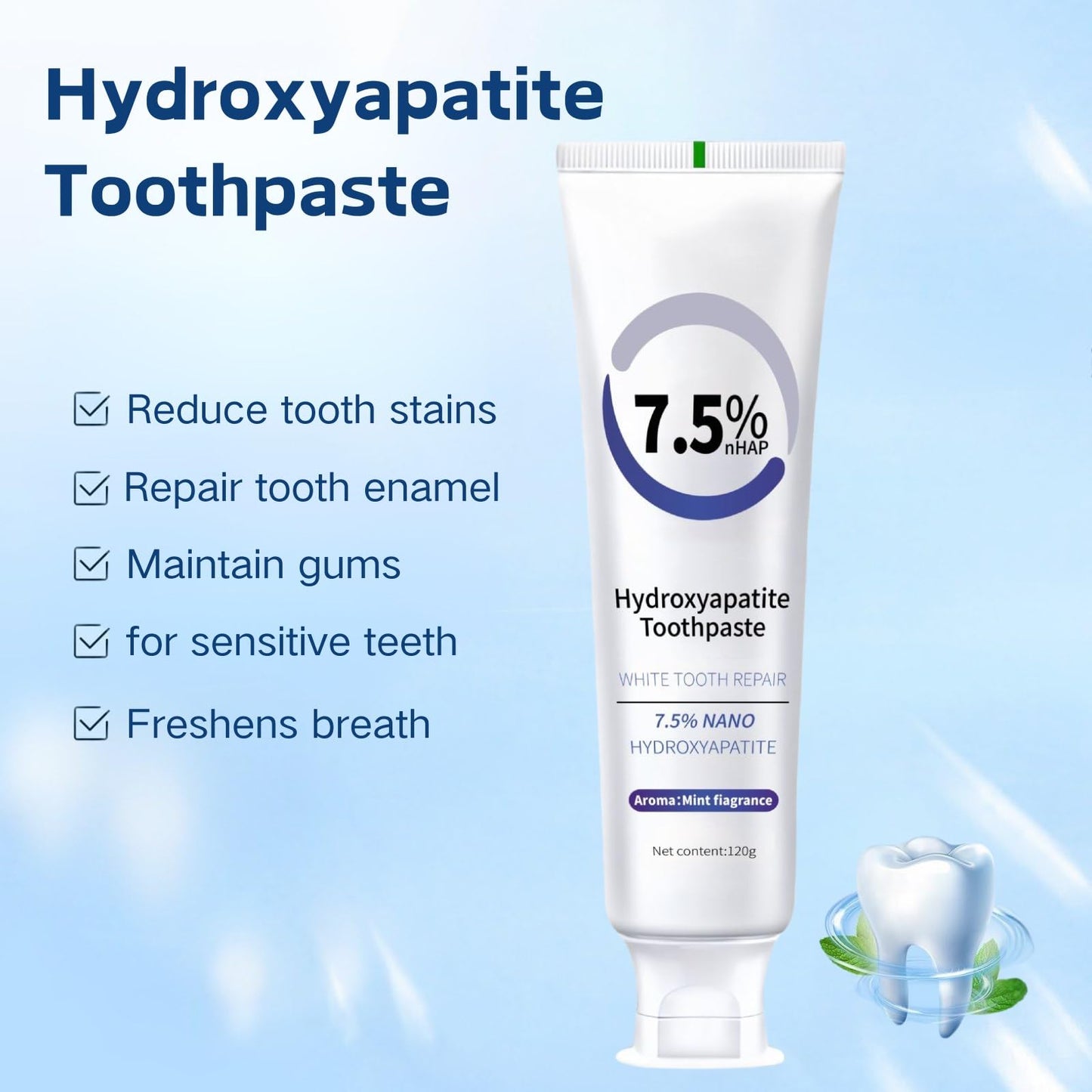 Hydroxyapatite Toothpaste - Enamel Protection, Fluoride-Free, Gentle Mint (4.23 oz)