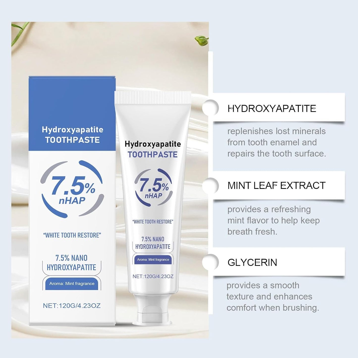 Hydroxyapatite Toothpaste 7.5% – Enamel Protection & Tooth Strengthening, Gentle Mint, Fresh Breath, Daily Use (2 pcs)