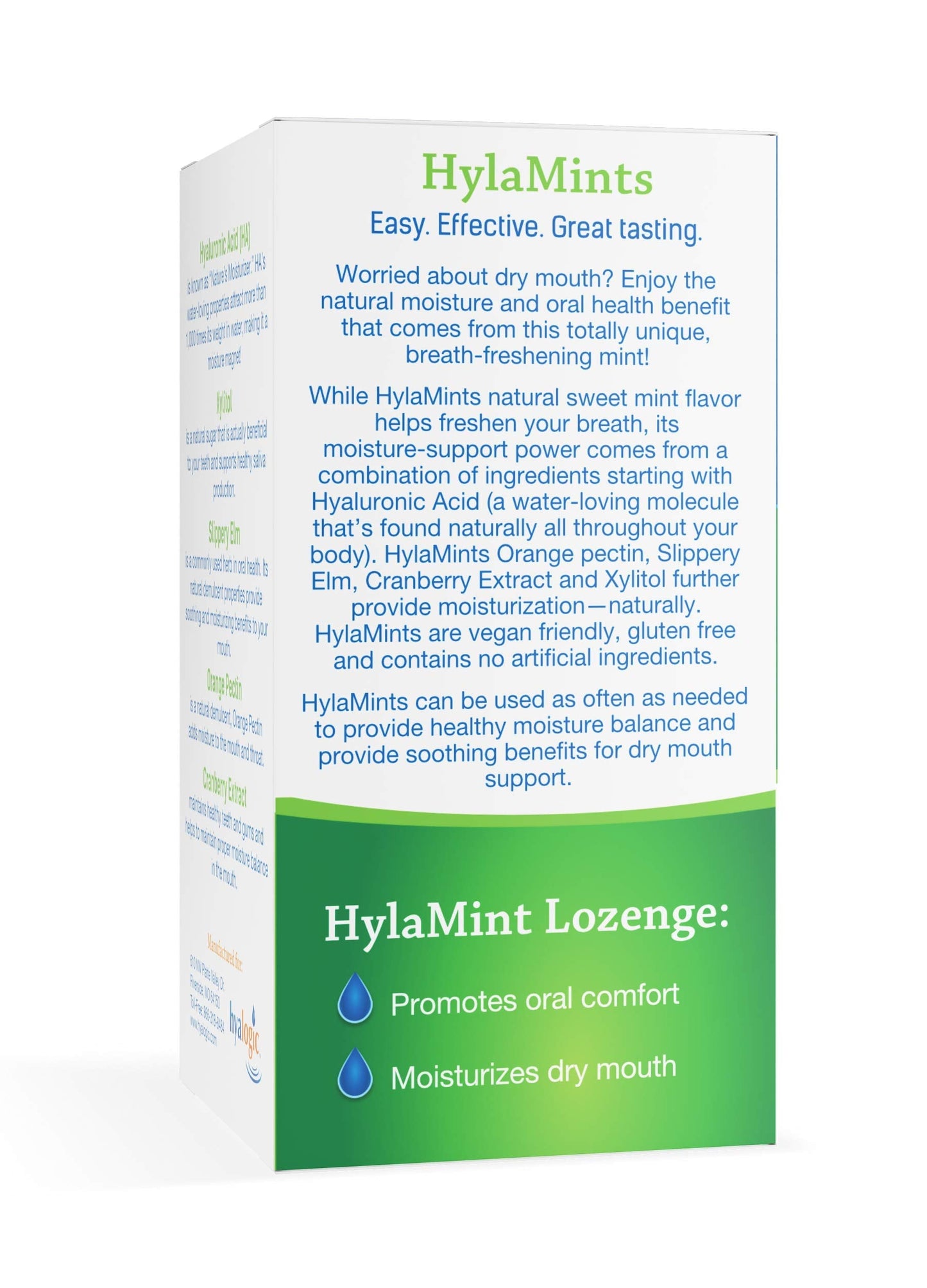 HylaMints Breath Mints for Dry Mouth – Sugar Free Mint Flavor with Hyaluronic Acid, Cranberry Extract, Xylitol, Slippery Elm & Orange Pectin | 60 Count