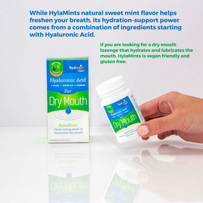 HylaMints Breath Mints for Dry Mouth – Sugar Free Mint Flavor with Hyaluronic Acid, Cranberry Extract, Xylitol, Slippery Elm & Orange Pectin | 60 Count